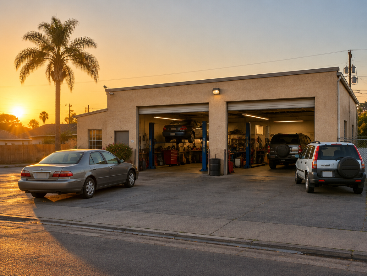 Small auto repair shop with open bay doors at golden hour