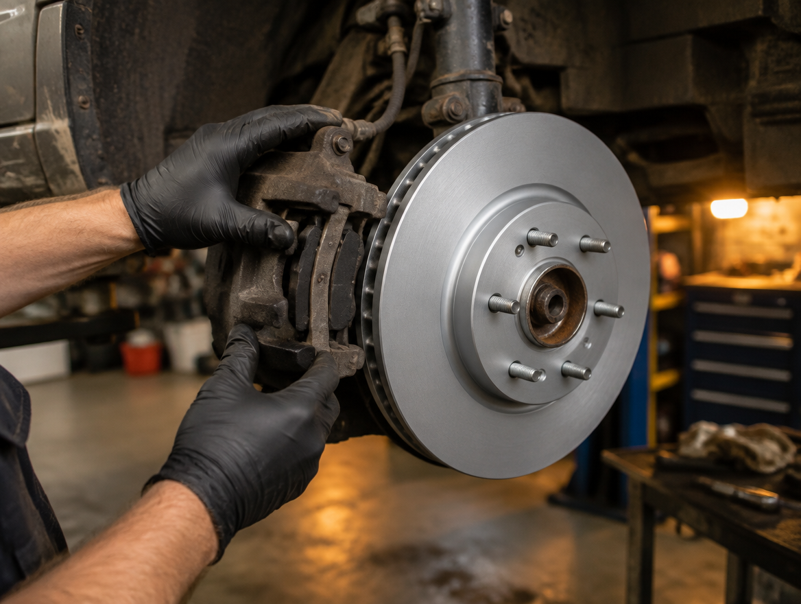 Mechanic holding a brake caliper next to a new rotor