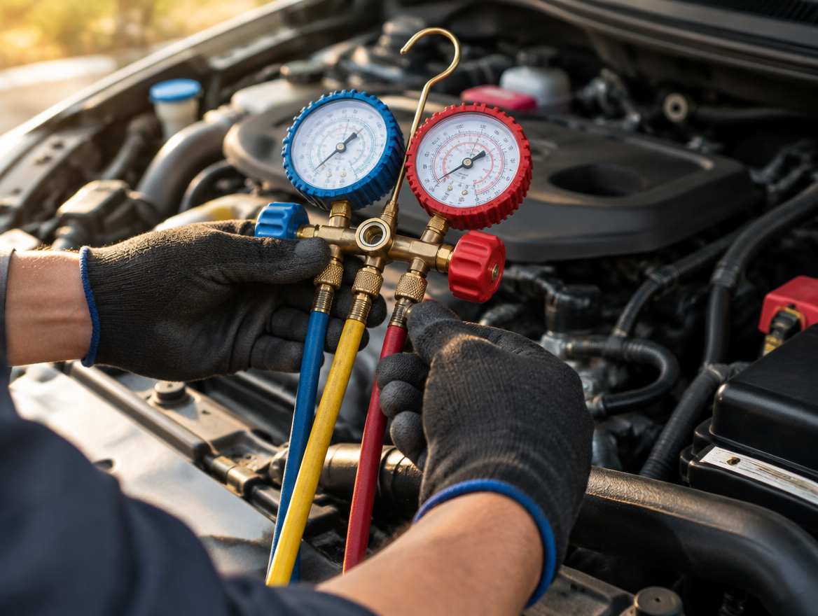Mechanic connecting A/C pressure gauges to a car engine